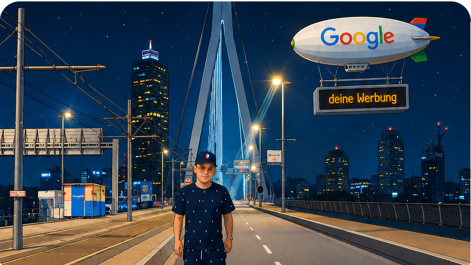 Illustrierte nächtliche Szene mit personalisiertem Motiv, Google-Style-Zeppelin und Werbetafel
