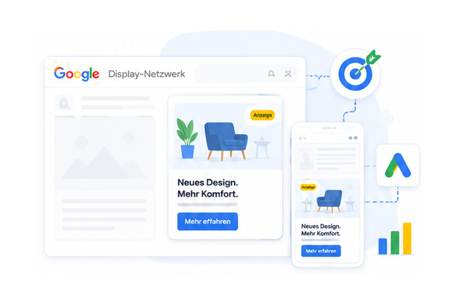 Google Ads Displaynetzwerk Illustration mit Displayanzeige auf Desktop und Smartphone, Zielgruppenansprache und messbaren Ergebnissen