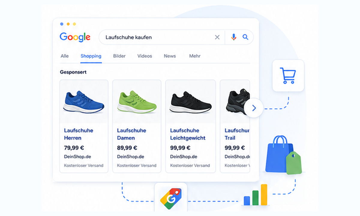 Google Ads Shopping Illustration mit Produktanzeigen, Preisen, Merchant Center Produktdaten und messbaren Umsätzen
