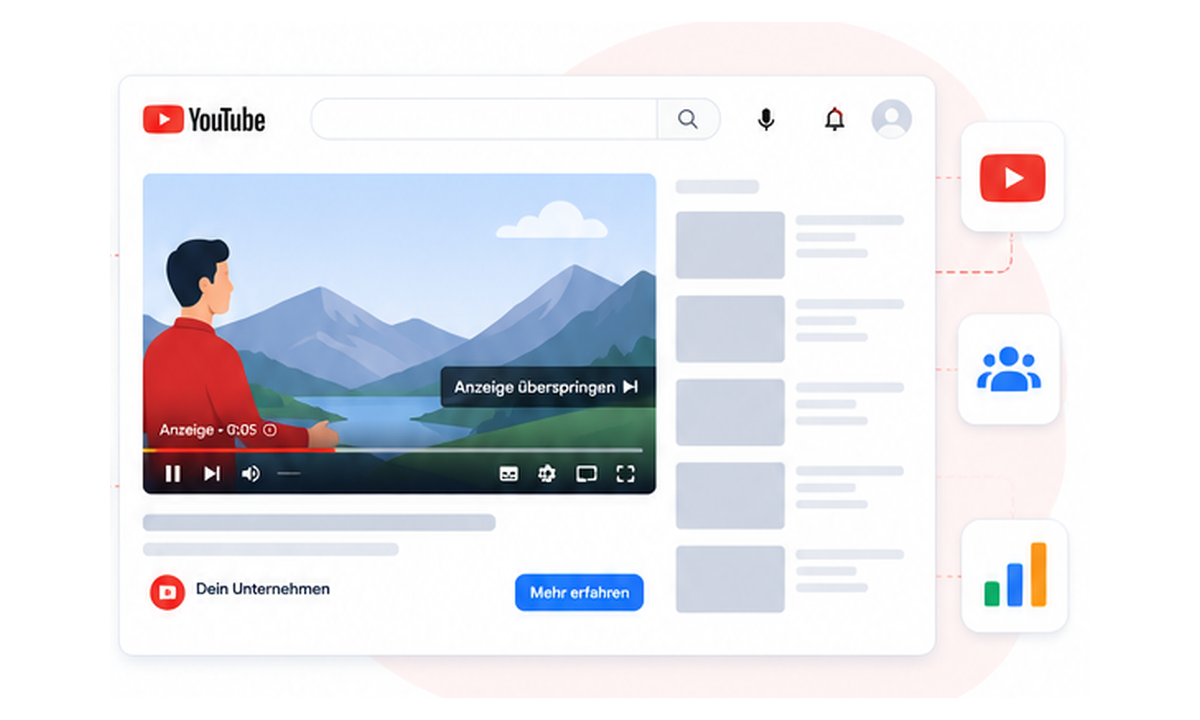 Google Ads YouTube Illustration mit Videoanzeige, Video-Player, Zielgruppenansprache, Reichweite und messbaren Ergebnissen